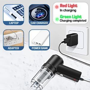 3-in-1 Mini Vacuum Cleaner with Blower & Suction | Portable Handheld Dust Cleaner with Washable Filter – USB Rechargeable charging indicators and connections.
