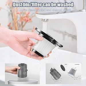 Dust bin/filter of the 3-in-1 Mini Vacuum Cleaner with Blower & Suction being washed under water.