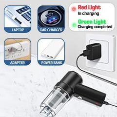 3-in-1 Mini Vacuum Cleaner with Blower & Suction | Portable Handheld Dust Cleaner with Washable Filter – USB Rechargeable charging indicators and connections.